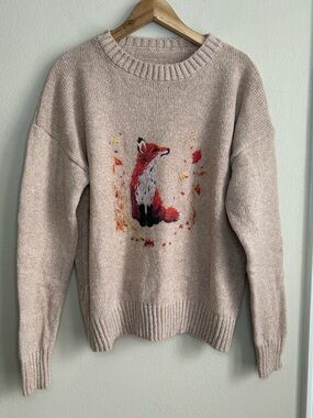 Fox and Leaf Print Crew Neck Knit Sweater Fall Autumn Size M Medium